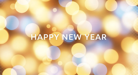 A festive image featuring the words Happy New Year against a backdrop of blurred, sparkling bokeh lights, perfect for holiday-themed designs and greeting cards.の素材