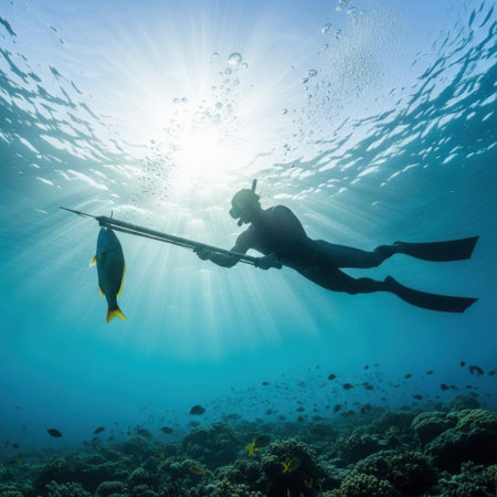A spearfisherman hunts a fish underwater with a spear gun. The ocean is clear and blue, with coral reefs below. The sun shines through the water. Adventure awaits.の素材
