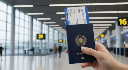 A hand holds a passport and boarding pass at an airport terminal before departure. The background is blurred, and the focus is on the passport and boarding pass.の素材
