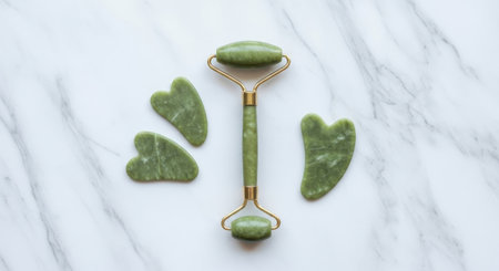 Overhead shot of a jade roller and gua sha tools for face massage on a marble background. These tools are used for beauty, skin care, and relaxation. Perfect for wellness.の素材