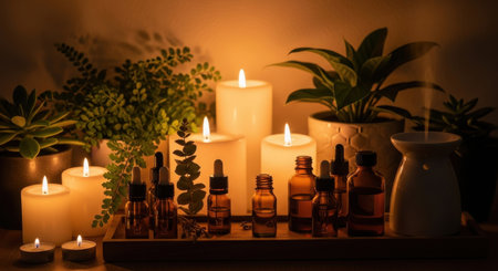 A serene aromatherapy scene with essential oils, candles, and plants. The warm light creates a relaxing atmosphere, perfect for wellness and self-care practices.の素材