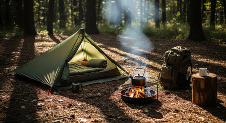 A camping tent is set up in a forest with a campfire burning nearby, and a backpack and mug on a stump. The scene evokes a sense of outdoor adventure and tranquility.の素材