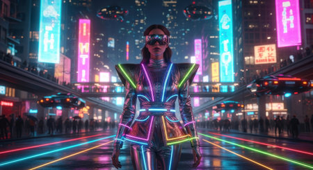 A futuristic woman in a cyberpunk city with neon lights and flying vehicles, showcasing a dystopian urban landscape and advanced technological fashion trends.の素材