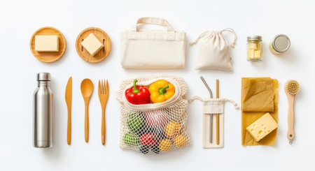 Zero waste lifestyle concept isolated on white background, featuring reusable items like bags, bottles, cutlery, and food, promoting sustainability and eco-friendly living.の素材