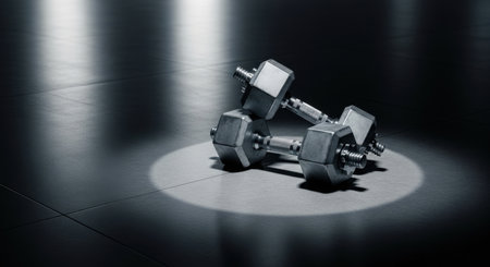 A dramatic spotlight illuminates two metal dumbbells resting on a dark floor, creating a striking image that embodies fitness, strength, and the pursuit of physical excellence.の素材