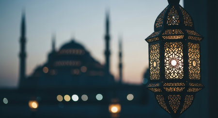 A Ramadan lantern with a mosque in the background during the evening time. The lantern is glowing and the mosque is silhouetted against the sky. Religious and traditional.の素材