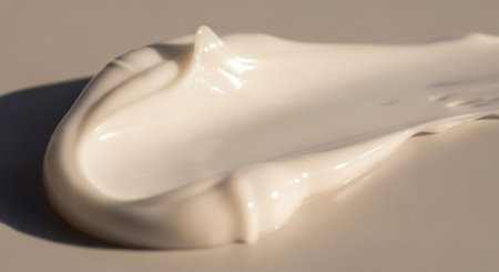 A close-up shot showcases a thick smear of white cream on a neutral surface, highlighting its smooth texture and potential use in beauty or skincare products.の素材