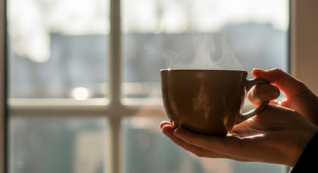 A woman is holding a steaming cup of coffee by a window. The sunlight is streaming in, creating a warm and cozy atmosphere. The background is blurred.の素材