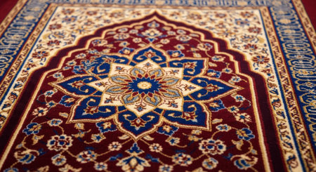 A close up of a prayer rug with intricate design and vibrant colors. The rug is a traditional Islamic design, and it is used for prayer and meditation. It is a beautiful piece.の素材