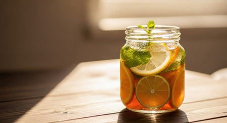 A refreshing detox drink with lemon, orange, and mint in a glass jar, perfect for a healthy and revitalizing beverage on a sunny day, indoors or outdoors.の素材