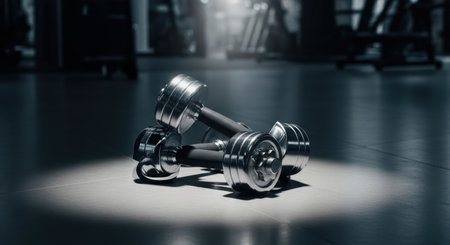 Two chrome dumbbells lie on the floor in the gym under a spotlight. Fitness and healthy lifestyle concept. Weight training equipment for bodybuilding. Close up shot.の素材
