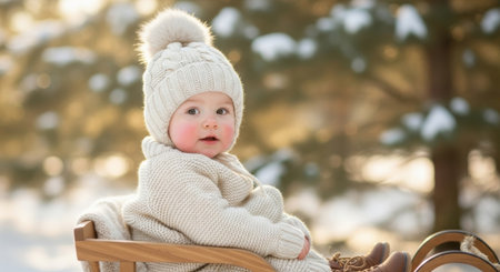 A charming baby, bundled in winter clothes, sits on a sled amidst a snowy backdrop. The scene captures the innocence and joy of childhood in winter.の素材
