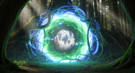 A mystical portal glows with blue and green energy in a dense forest. The scene evokes a sense of magic, fantasy, and adventure, inviting viewers to explore the unknown.の素材