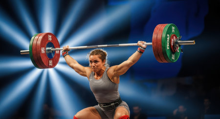 A female weightlifter lifts a barbell overhead during a competition in a spotlight. Her strength and determination are evident as she performs the lift.の素材
