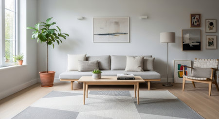 A bright and airy living room showcases modern furniture, decor, and a cozy atmosphere. The space is filled with natural light, creating a comfortable and inviting ambiance.の素材