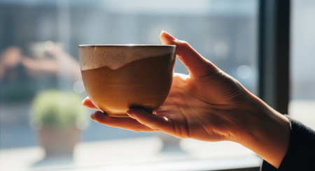 A hand gently holds a ceramic cup, with the blurred background of a window and a plant adding to the serene atmosphere. Perfect for a moment of relaxation.の素材