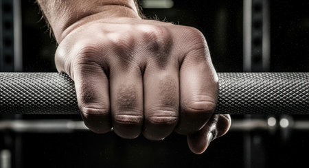 A close-up captures a strong hand firmly gripping a barbell, showcasing the intensity of a workout, highlighting strength, fitness, and the dedication to a healthy lifestyle.の素材