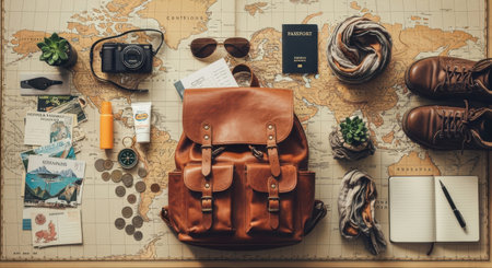 Travel essentials are carefully arranged on a world map, including a backpack, camera, passport, and shoes. This image captures the spirit of adventure and planning a journey.の素材