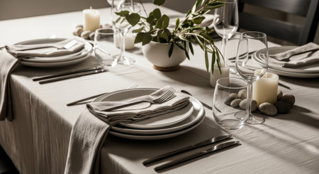 An elegant table setting featuring natural decorations, perfect for a special occasion. The neutral tones and minimalist design create a sophisticated and inviting atmosphere.の素材