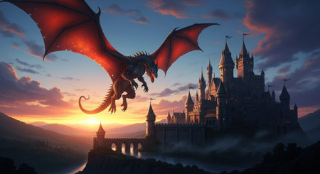 A majestic dragon soars over a medieval castle at sunset, creating a dramatic fantasy landscape. The scene evokes adventure, myth, and the magic of legends.の素材
