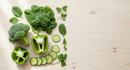 Overhead shot of fresh green vegetables including broccoli, peppers, spinach, cucumbers, and parsley arranged on a wooden surface with copy space. Healthy eating concept.の素材