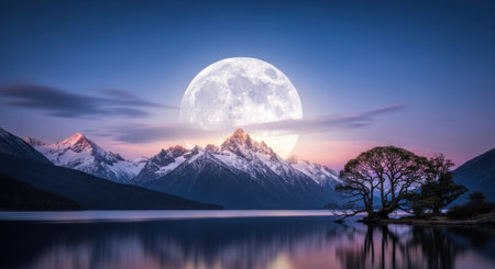 A stunning night landscape featuring a full moon over a mountain range, with a serene lake reflecting the scene. The sky is clear, creating a peaceful atmosphere.の素材