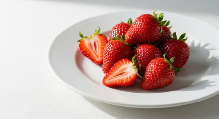 A close-up of fresh and juicy strawberries arranged on a white plate, isolated on a white background. The vibrant red fruit is a healthy and delicious treat.の素材