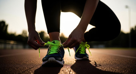 A female athlete is tying her shoelaces on a running track before a workout. She is wearing black leggings and colorful shoes. The sun is rising in the background.の素材