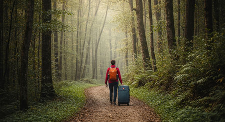 A lone traveler walks along a misty forest path, pulling a suitcase. The scene evokes a sense of adventure and exploration in the heart of nature's beauty.の素材