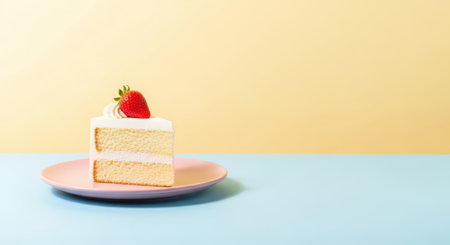 A delectable slice of vanilla cake adorned with a fresh strawberry, presented on a pink plate against a vibrant yellow backdrop. Perfect for dessert concepts.の素材