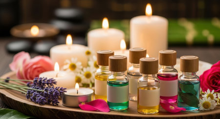 A serene arrangement of aromatherapy essential oils, candles, and flowers, creating a calming atmosphere for relaxation and wellness. The focus is on natural elements.の素材