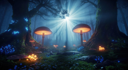 An enchanted forest at nighttime with glowing mushrooms and magical lights. The scene evokes a sense of fantasy, mystery, and wonder in a tranquil environment.の素材