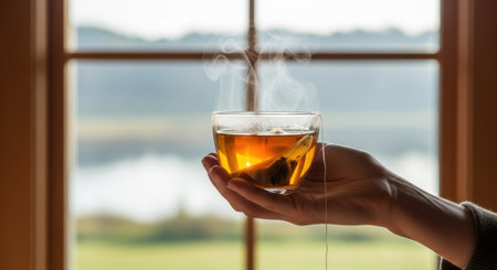 A hand holds a steaming cup of tea in front of a window, offering a serene view of nature. This image evokes feelings of relaxation, comfort, and peacefulness.の素材