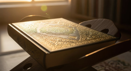 A close-up of the Holy Quran on a wooden stand, illuminated by golden light streaming through a window, symbolizing faith, tradition, and spiritual reflection. 150 characters.の素材