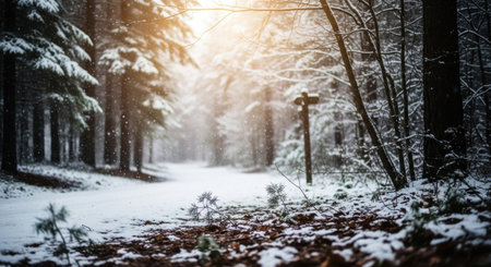 A snowy path through a forest with a wooden signpost in winter season. The trees are covered in snow, and the ground is covered in snow. The sun is shining through.の素材