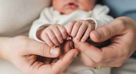A heartwarming close-up captures a newborn baby's tiny hand gently holding the fingers of their parents, symbolizing love, care, and the start of a beautiful journey.の素材