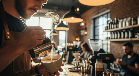 A barista skillfully pours milk into a coffee cup, creating latte art in a cafe shop. The focus is on the preparation and the art of coffee making.の素材