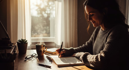 A woman is writing in a journal by the window, accompanied by coffee, glasses, and a succulent. This scene captures a moment of creativity, reflection, and peaceful inspiration.の素材