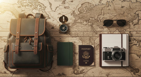 Travel essentials are carefully arranged on a vintage world map, creating an inspiring scene for adventure planning and exploration of new destinations around the globe.の素材