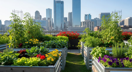 A vibrant rooftop garden with vegetable and flower beds, set against a stunning city skyline. An urban oasis promoting sustainable living and fresh, organic produce.の素材