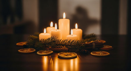 Burning candles surrounded by orange slices and pine branches create a warm and festive atmosphere. The soft light and natural elements evoke a cozy and romantic mood.の素材
