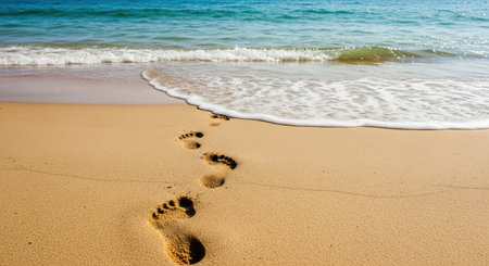 Footprints in the sand lead towards the ocean waves on a sunny beach. The tranquil scene evokes a sense of relaxation and the beauty of a summer vacation.の素材