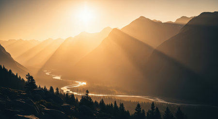 Golden sunlight shines over a majestic mountain range, with a river flowing through the valley below. The scenery is breathtaking and the atmosphere is serene.の素材