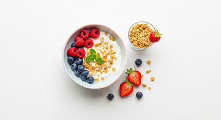 A delicious and healthy breakfast bowl with yogurt, granola, and fresh berries, including raspberries, blueberries, and strawberries. Isolated on white background.の素材