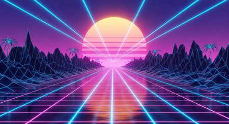 A retro futuristic landscape with a sun and neon grid in 80s style. Synthwave and vaporwave background with palm trees and mountains. Digital abstract design.の素材