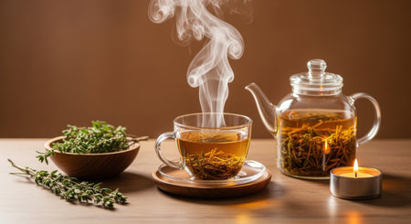 Aromatic thyme tea in glass teapot with candle and fresh herb on wooden table. Healthy and natural warm drink for relaxation and wellness. Still life, closeup.の素材