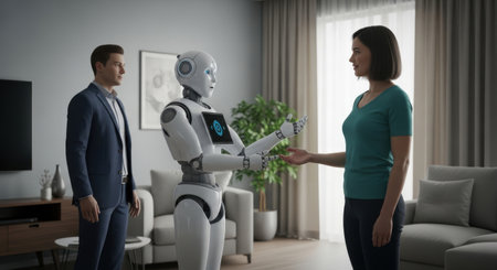 A modern couple stands in their contemporary living room engaging with a sleek, white humanoid robot, suggesting future home automation and technology integration.の素材