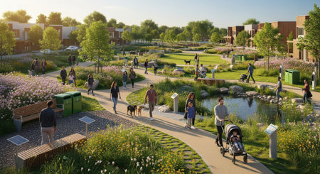 Diverse group of people walking, jogging, and spending leisure time with pets and children in a beautifully landscaped, modern residential park area.の素材