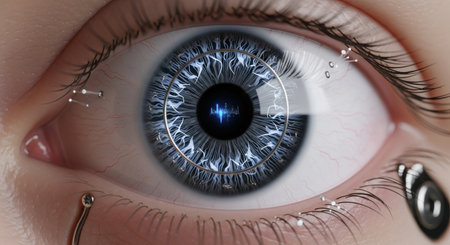 Extreme close-up shot of a highly detailed, futuristic bionic human eye featuring intricate blue iris patterns and small metallic cybernetic implants near the tear ducts, suggesting advanced technologの素材