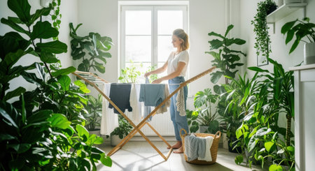 A woman in casual clothes hangs freshly washed laundry on a wooden drying rack inside a bright room filled with numerous lush green potted house plants near a window.の素材
